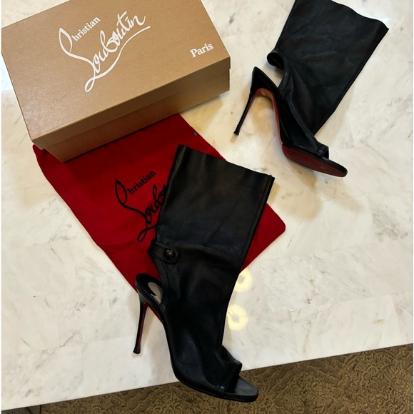 Christian Louboutin peep toe lamb skin soft black leather 36.5 booties - Picture 3 of 12